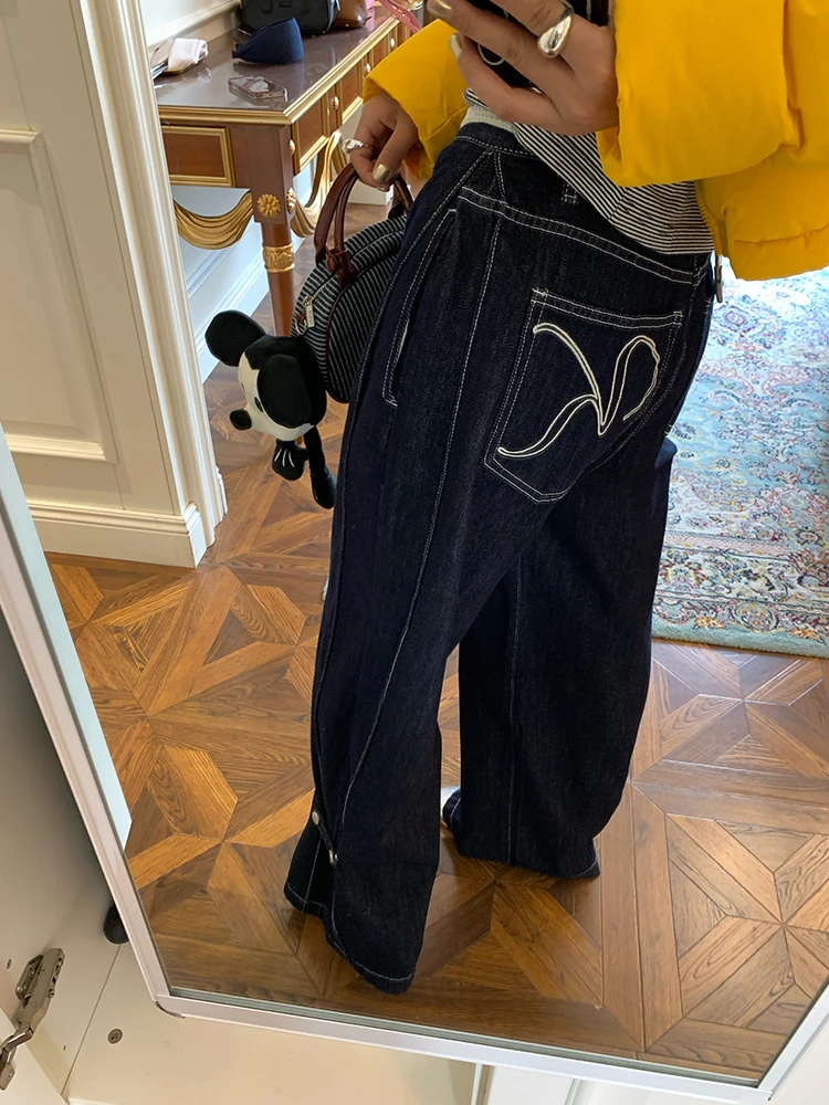 

Темно-синие широкие джинсы с вышивкой, женские осенне-зимние дизайнерские маленькие брюки Ence, повседневные джинсовые брюки с высокой талией