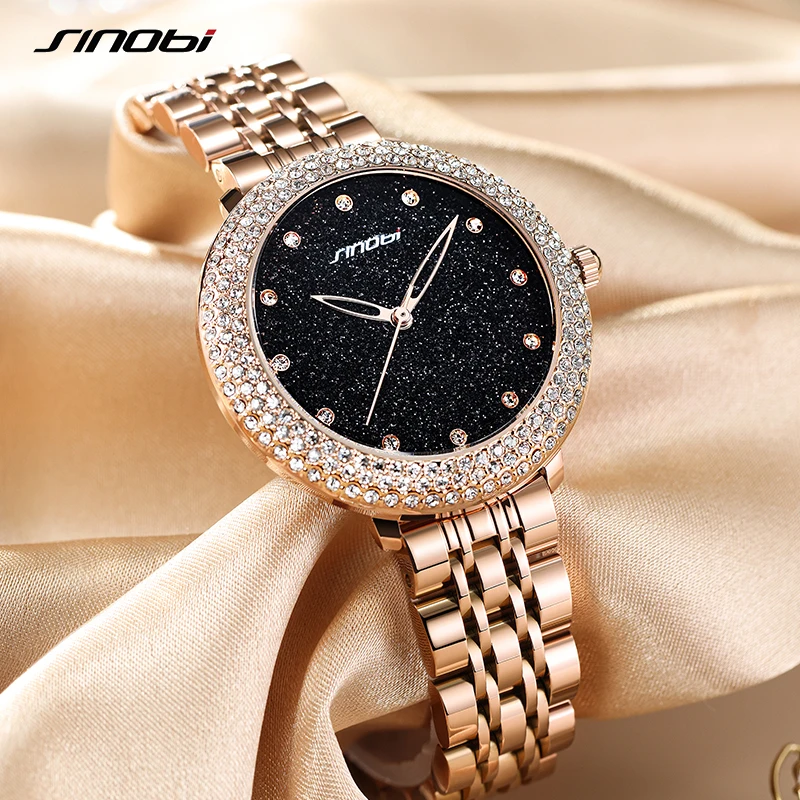 SINOBI Fashion Women\'s Watches Top Luxury Diamond Ladies Quartz Wristwatches Girls Elegant Rose Golden Gifts Clock for Wife