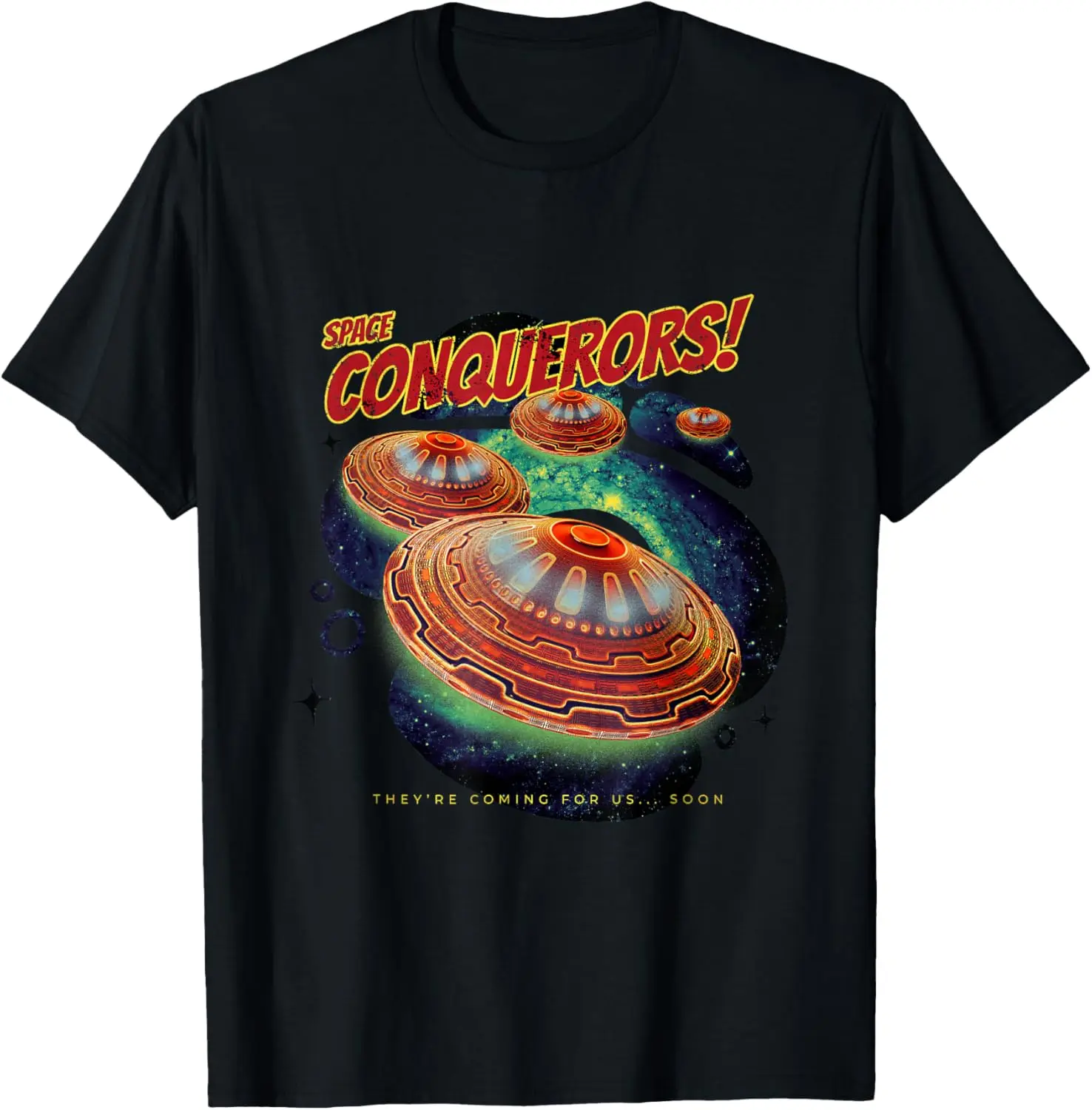 Space Conquerors 50s Retro UFO Flying Saucer Alien Graphic T-Shirt