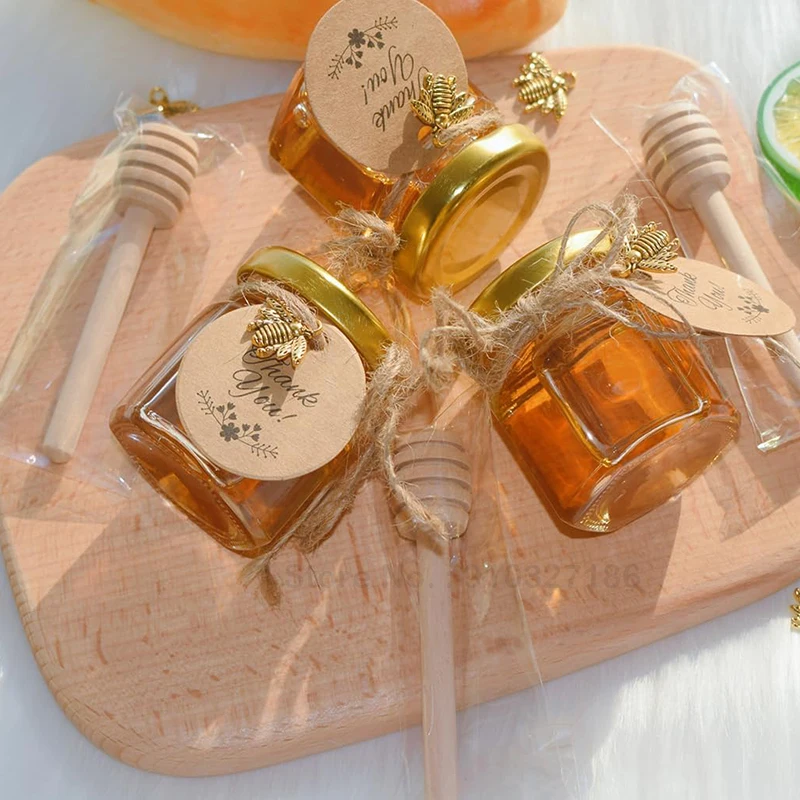 10/20Pcs Mini Honey Jars - Little Glass Honey Jar - Hexagonal Glass Honey Jars with Wooden Dippers, Bee Charms, Jutes and Gift