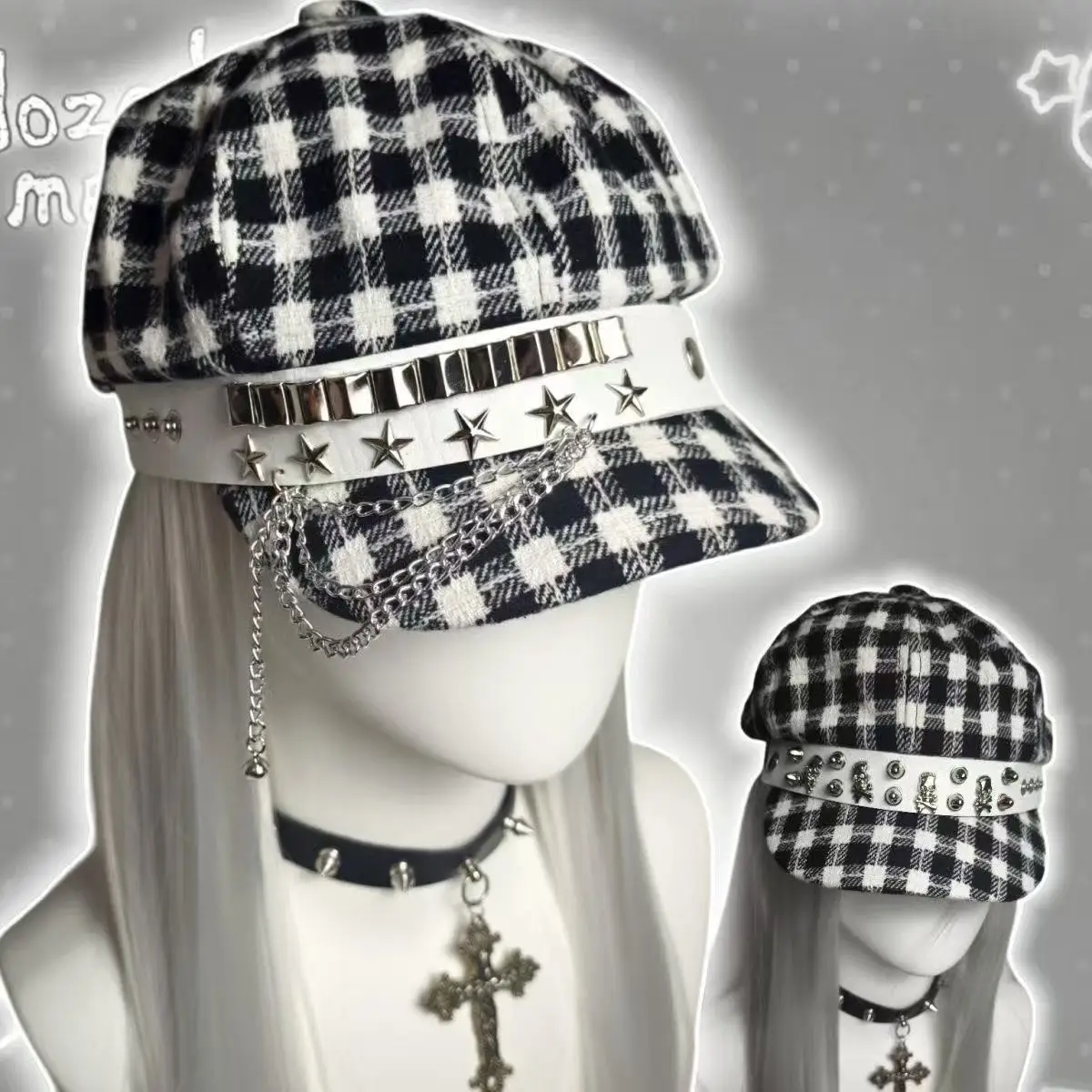 Y2K Punk Plaid Newsboy Cap for Women, Gothic Star Rivet Chain Beret Hat Harajuku Alt Subculture Streetwear Vintage Checkered Cap
