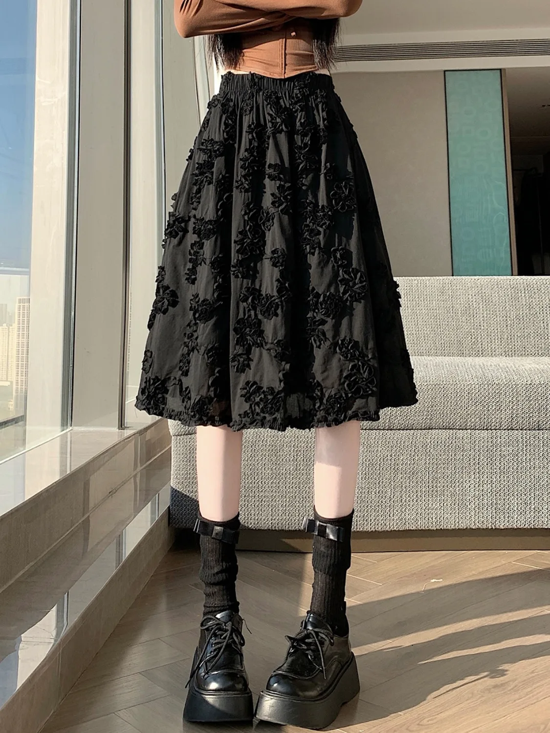 

Unique 3D Flower f Skirt Women's Spring Summer New Elastic Waist High Waist Drapey A-Line Midi Trendy Commute Korean Sle