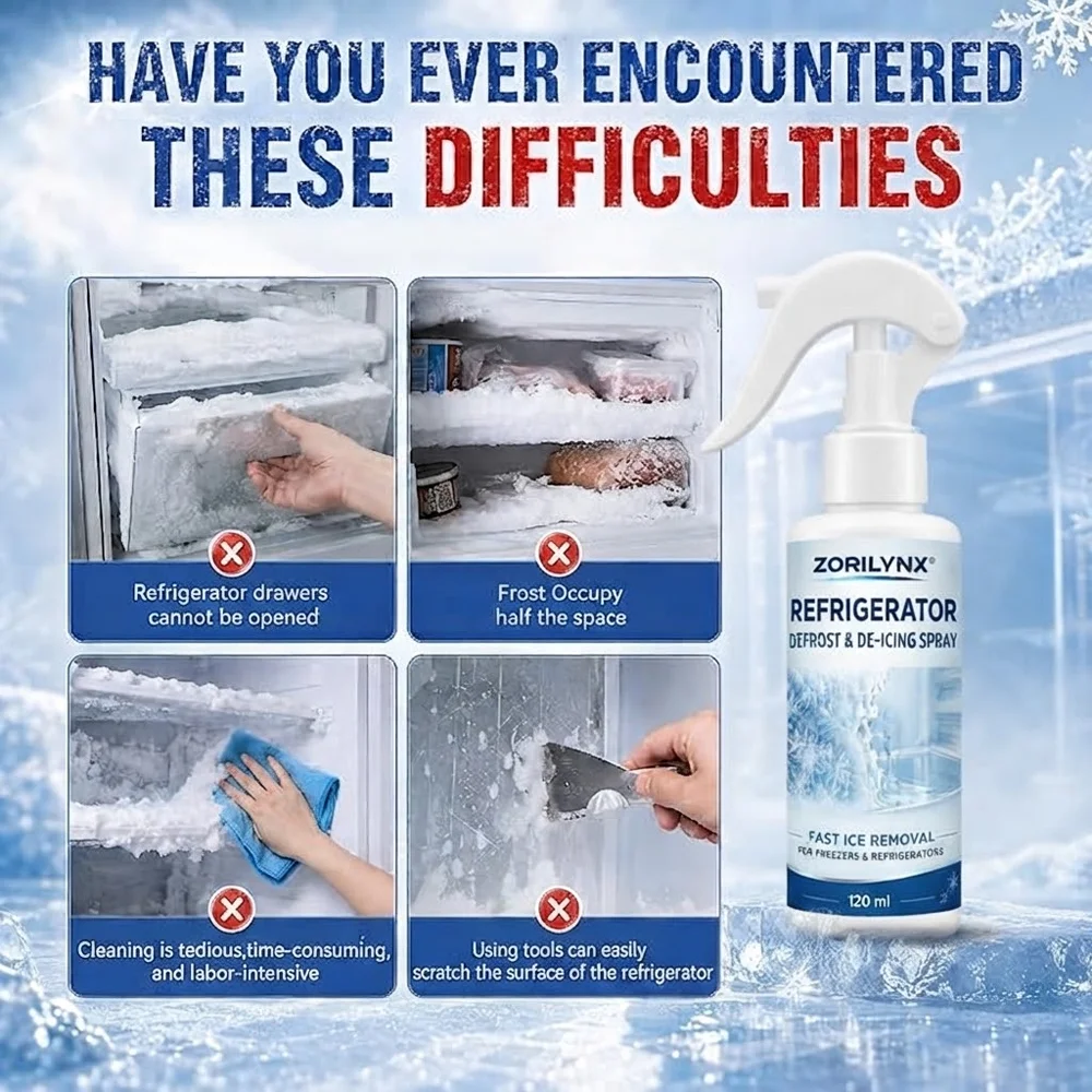 Refrigerator Defrost Spray Fast Ice Removal Freezer De-Icer Agent Fast Acting Melting Cleaner With Scraper For Fridge Freezer