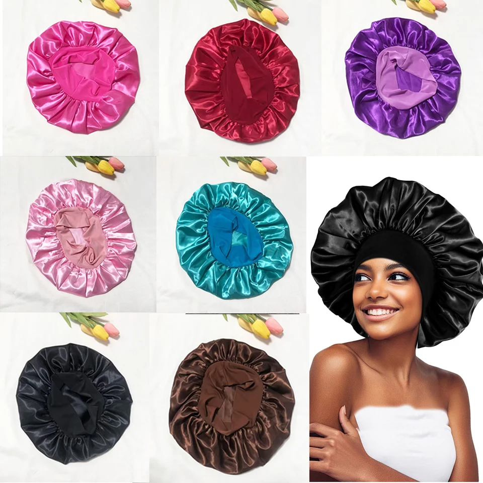 Satin Sleeping Cap with Elastic Wide Band,Bonnets for Women Men Silk Bonnet for Sleeping, Hair Bonnet Shower Cap,Solid Color