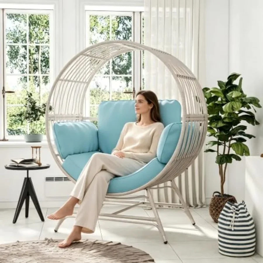 Indoor/Outdoor oversized egg chair for balcony, porch, living room, backyard; rattan wicker material, beige color, thickened cu