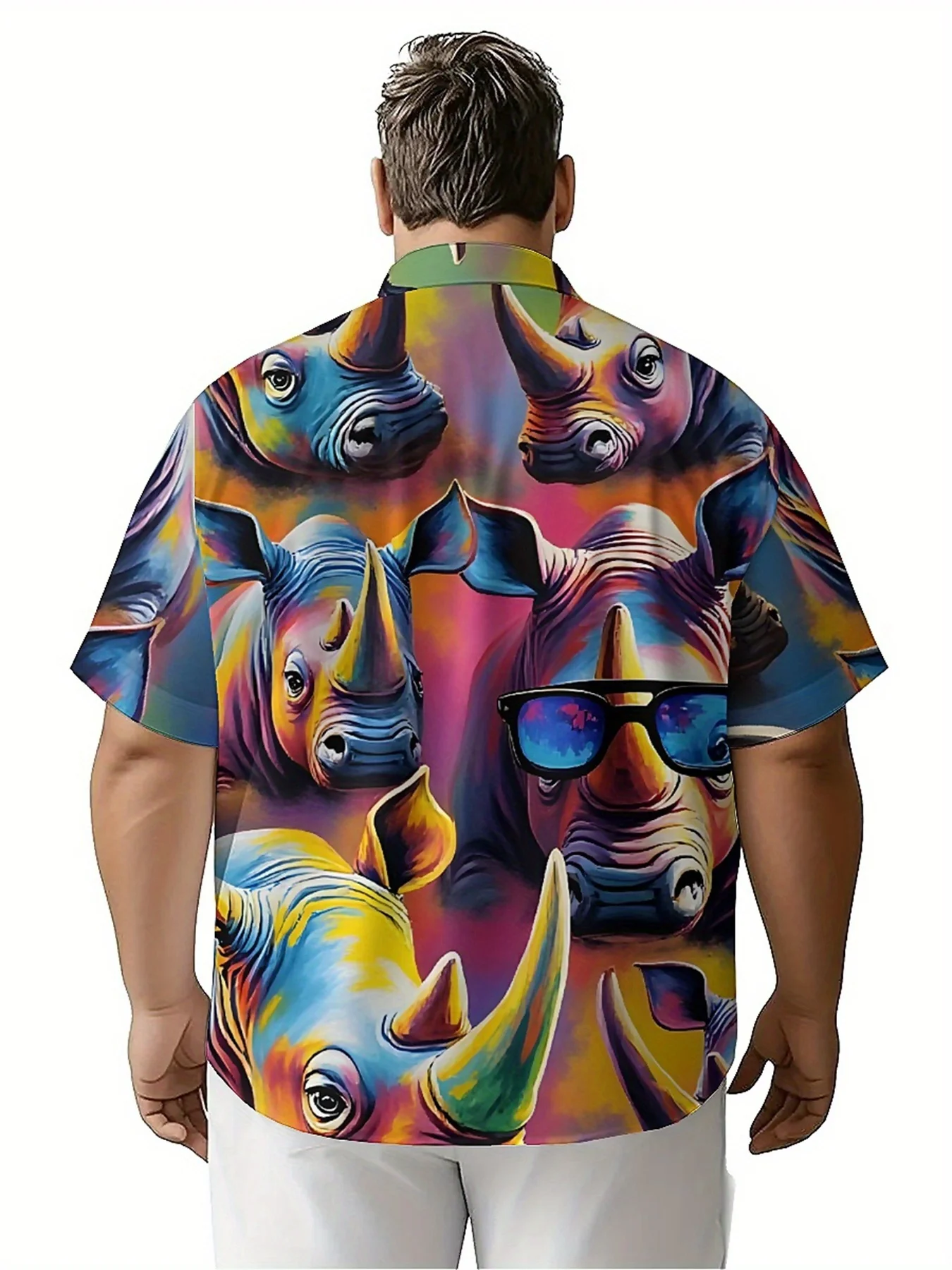 Men's Plus Size Hawaiian Shirts Rainbow Rhino Trend Pattern, Button Up Shirts, Unisex Casual Clothing, Summer Tops