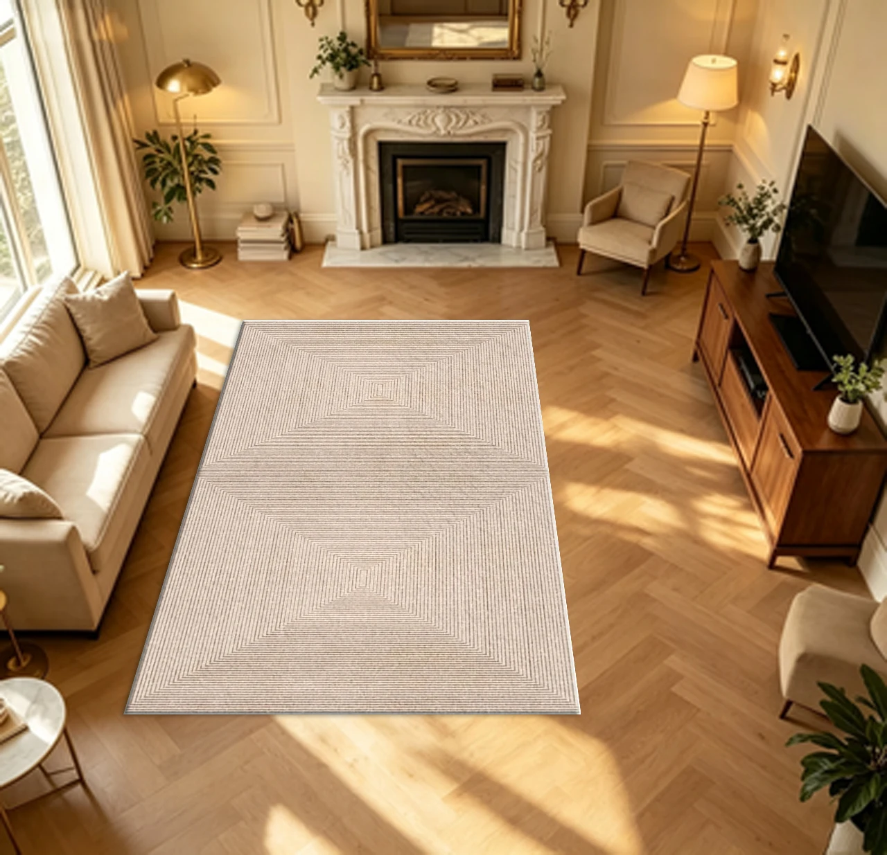 Beige Concentric Rectangle Linear Carpet Flooring Neutral Minimalist Geometric Area Rug for Living Room Home Decor