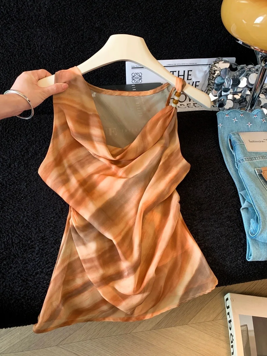 

Retro Tie Dye Asymmetrical Shoulder Sleeveless Chiffon Top Women's Summer Beautiful Strap Vest Blouse Breathable Skin-Fr...
