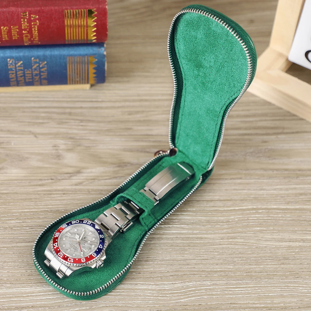 CONTACTS FAMILY Genuine Leather Single Slot Watch Storage Case Portable Wristwatch Holder Travel Jewelry Carry Pouch