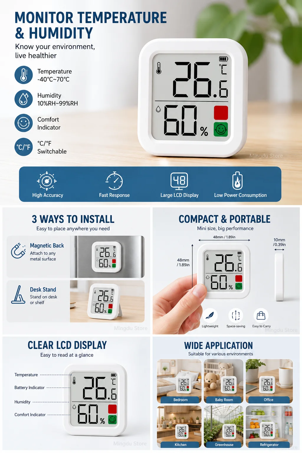 Mini-Digitalthermometer-Hygrometer, Innentemperatur- und Feuchtigkeitsmonitor mit magnetischem Rückständer ° C/ ° F für Babyzimmer Zuhause – Detail 4
