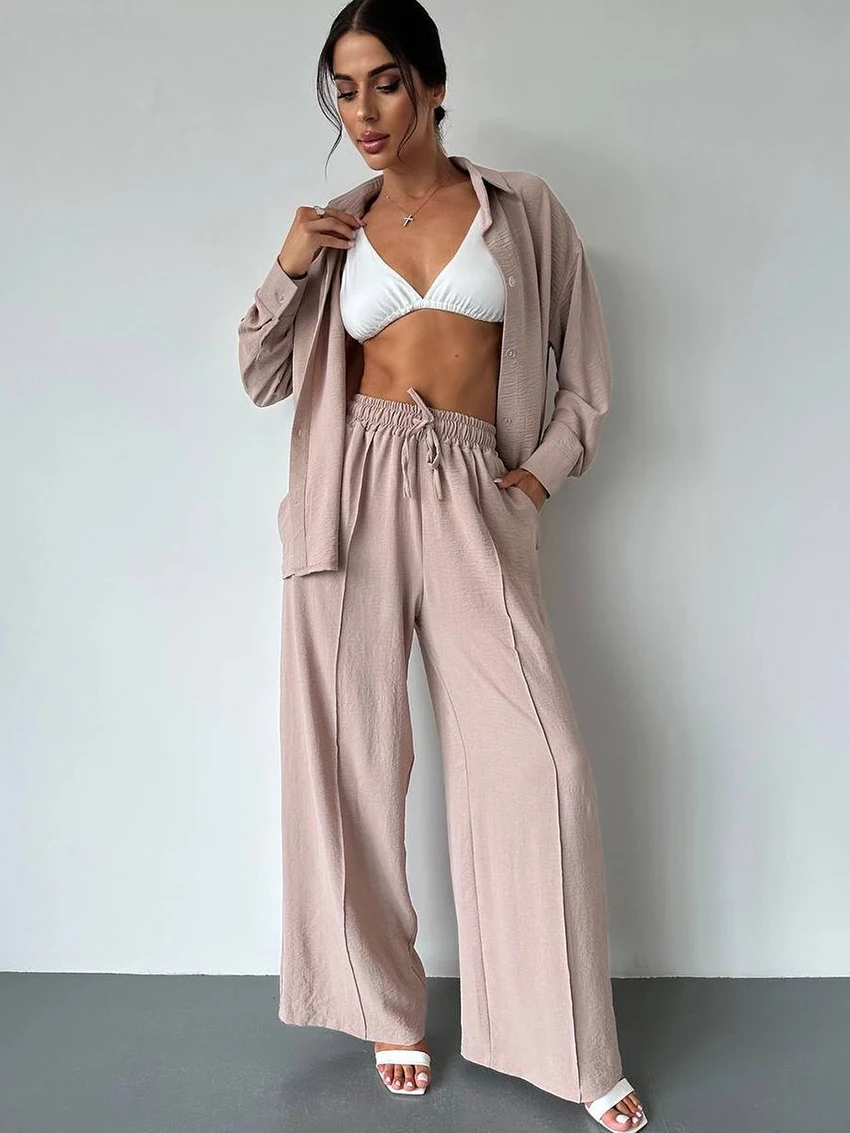 

Marthaqiqi Autumn Female Pajamas Set Long Sleeve Nightwear Turn-Downs Collar Nightgowns Pants Causal Women Nightie 2 Piece Suits