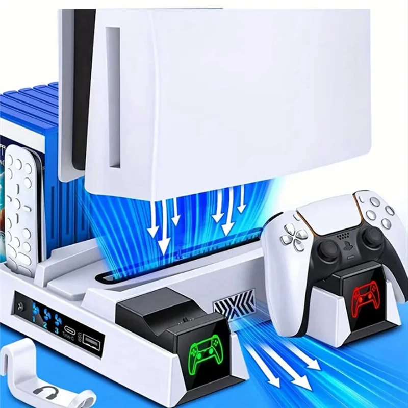 AS95-For PS5 مروحة تبريد حامل قاعدة تبريد شاحن مروحة تبريد مع حامل سماعة الرأس ومحول تيار متردد أبيض سهل التركيب