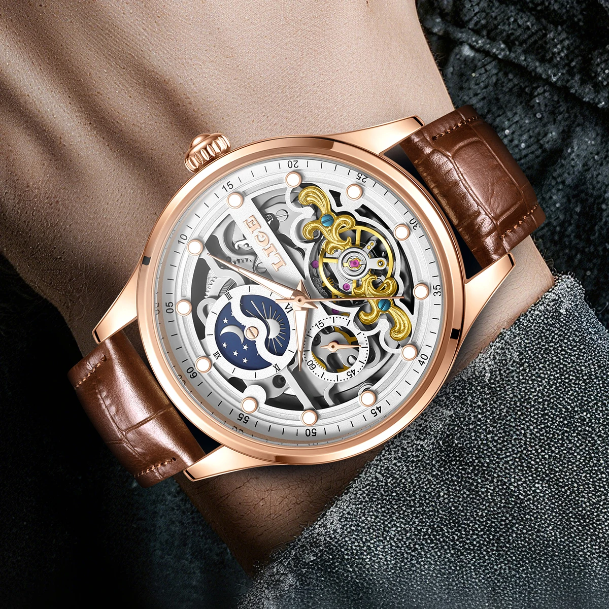 Men's Simple Dial Mechanical Watch with Leather Strap