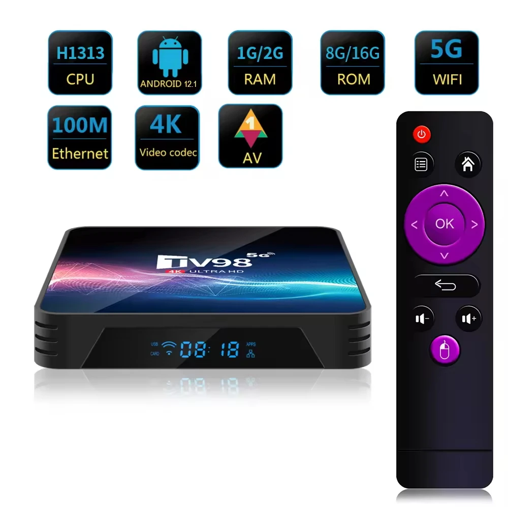 

4K Set-Top Box TV98 313 2.4G 5G Wifi BT Allwinner H313 Smart TV Box with 2GB/16GB Streaming