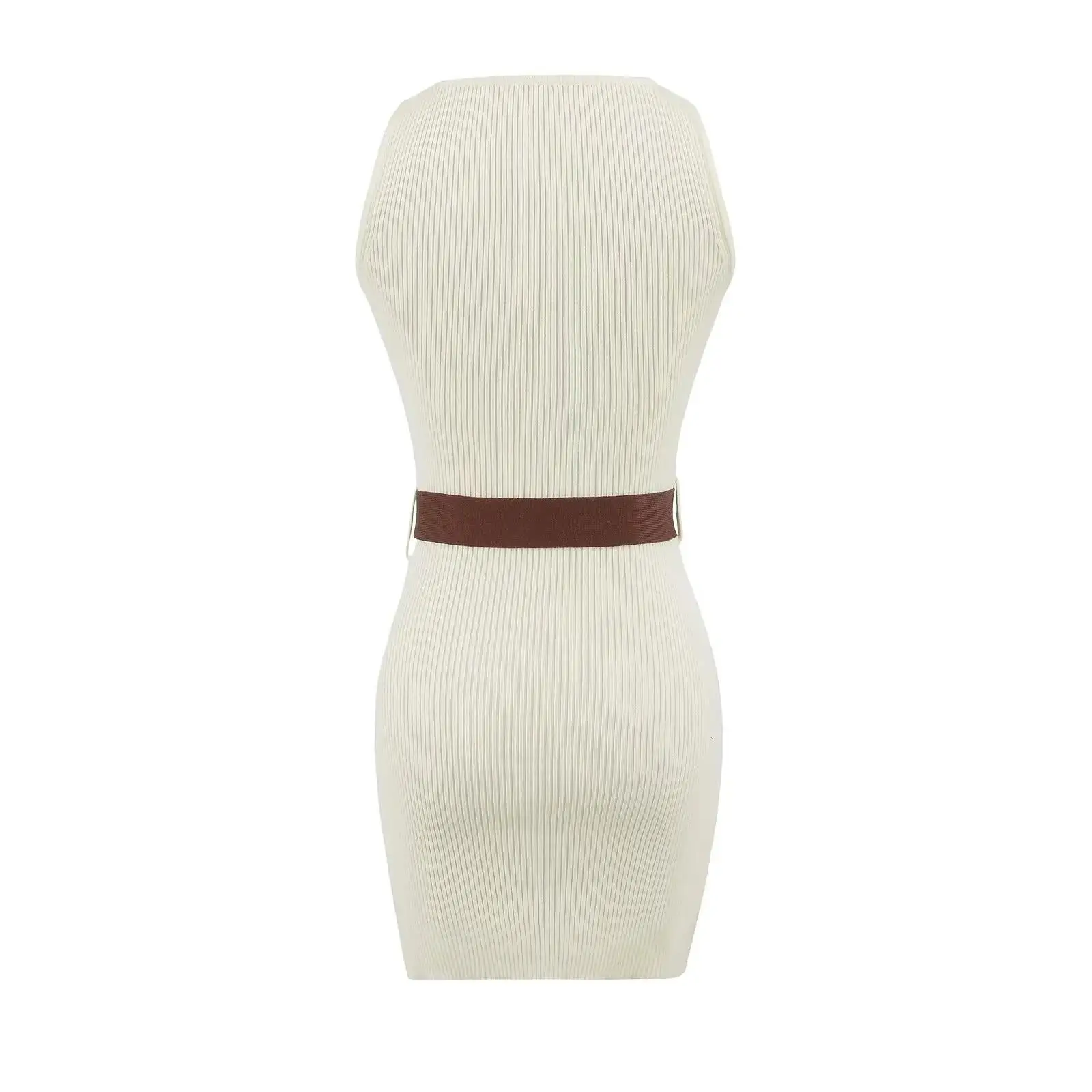 Sommer gestricktes ärmelloses elastisches dünnes Kleid Damen Schwarz Beige Minikleider mit Gürtel