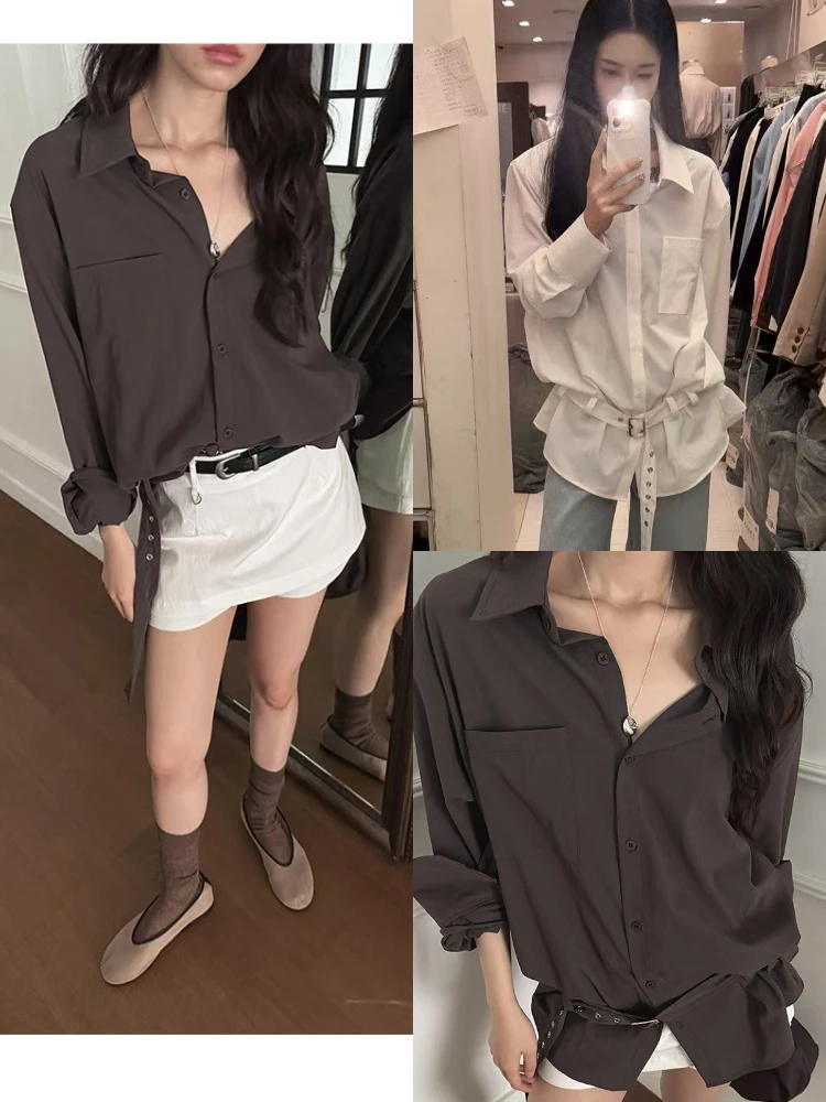 

Loose Women's irt with Belt Long Sve Design Lazy Sle Waist Inward Slimming Top Dongda Gate Faionable Casual Wear