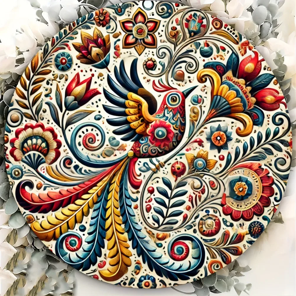Panneau Métallique Rond à Motif Floral Mexicain Vibrant, Art Mural en Aluminium Imprimé 2D, Design Plume et Fleur Colorées pour Maison, Bar, Café, Garage