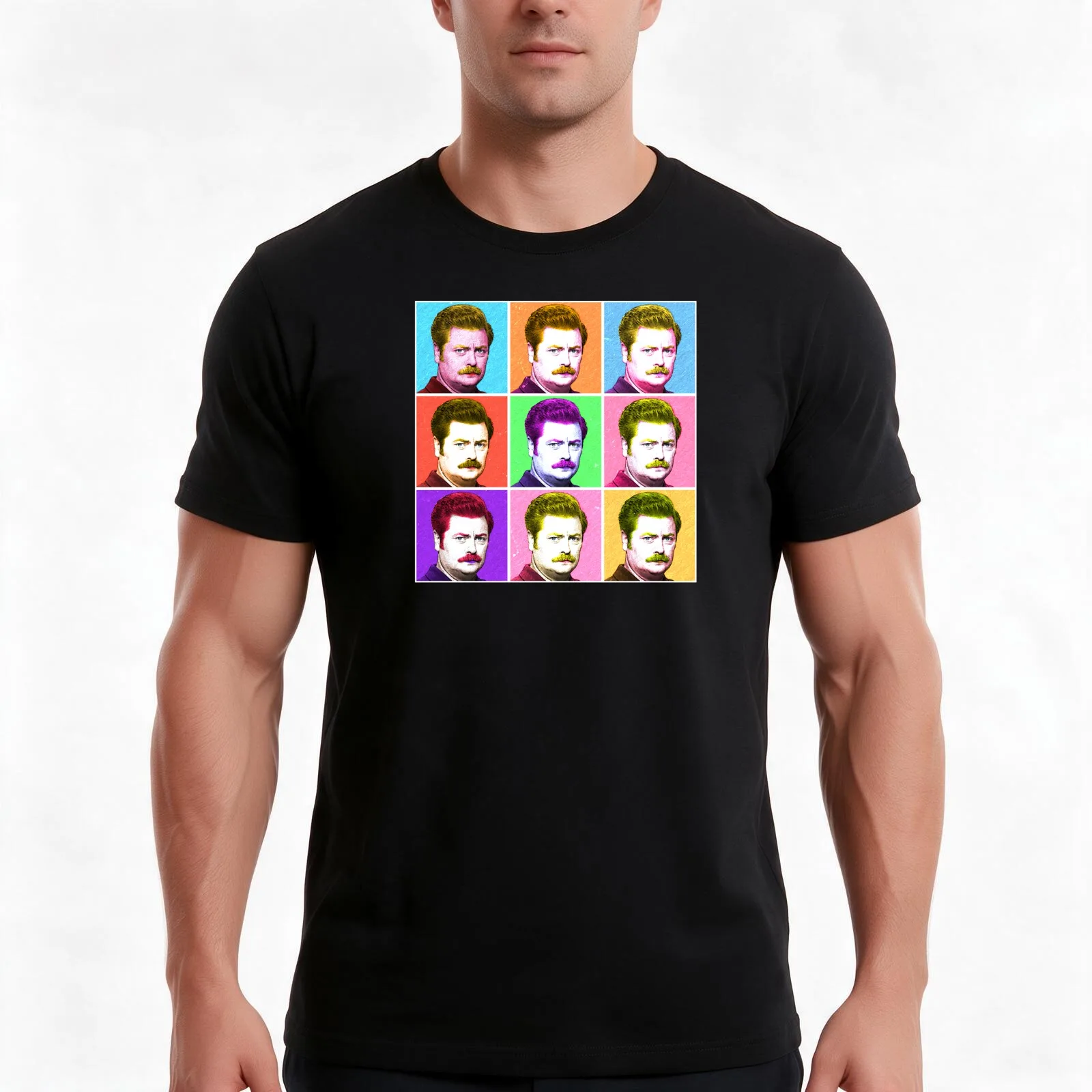 Ron Swanson Diptych T-Shirt, Summer Casual Cotton Tee, Oversized Streetwear Tops, Vintage Graphic Print, Loose Fit Short Sleeve