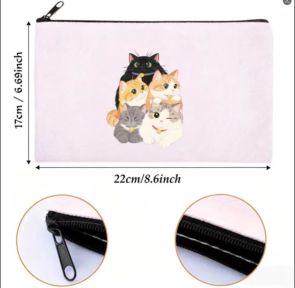 1PC Cartoon Stacked Kittens Print Makeup Bag Double Sided Canvas Travel Storage Organizer