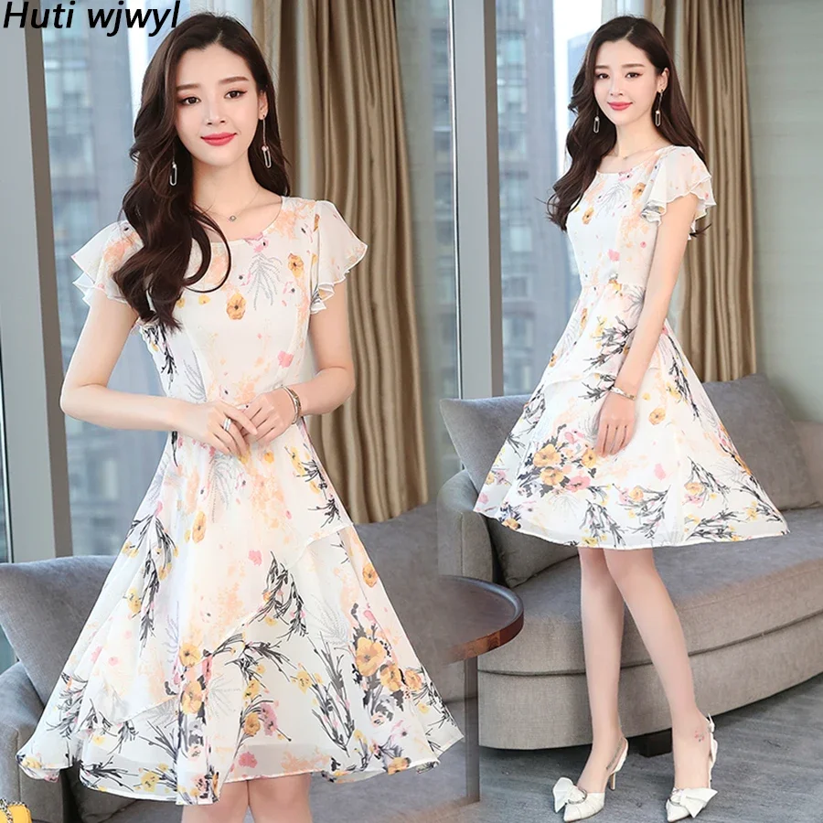 Women Bodycon Elegant Party Vestidos 2024 Vintage Print Casual Beach Dresses Summer Korean New Floral Chiffon Boho Midi Sundress