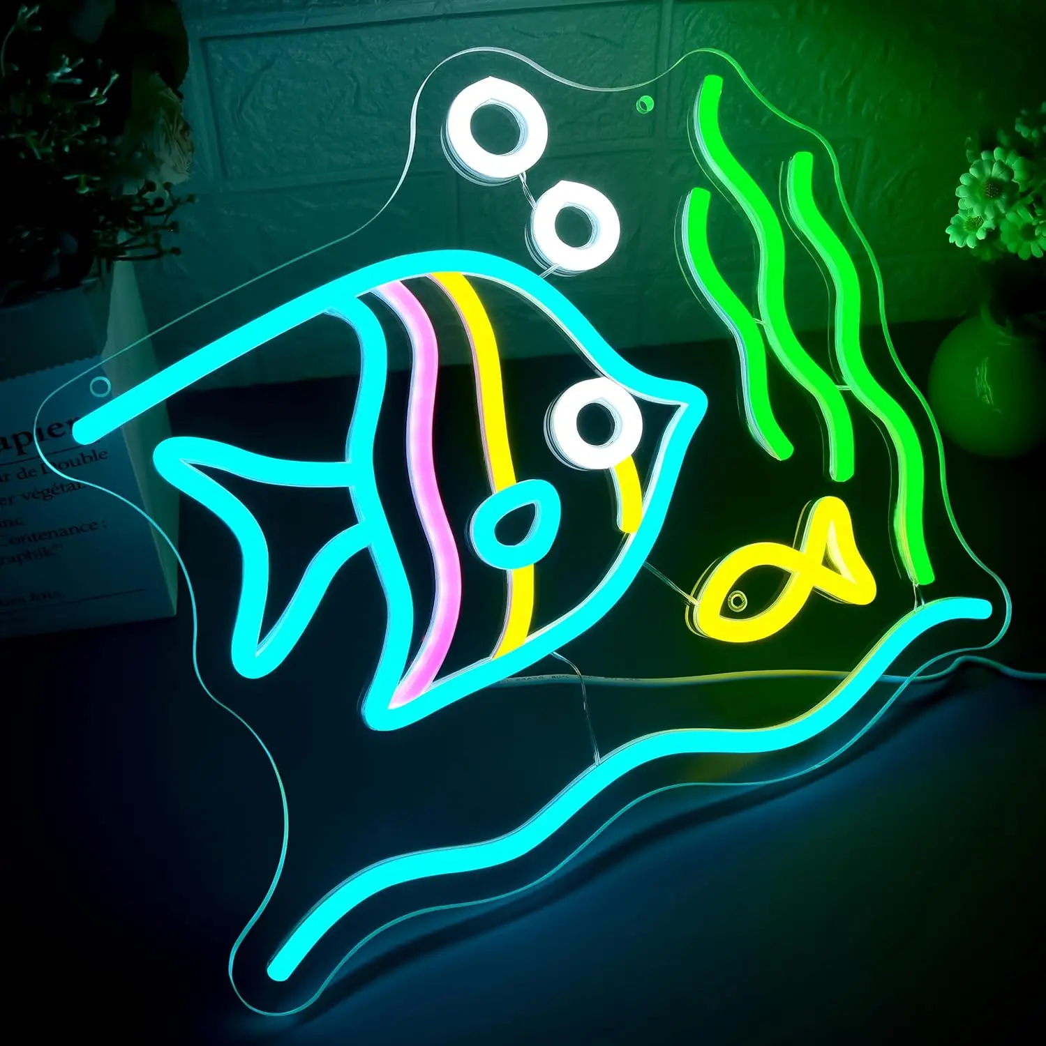 Letrero de neón de peces tropicales, letrero con luz LED regulable por USB, decoración de pared para hombre, cueva, Animal, acuario, exposición de parque oceánico