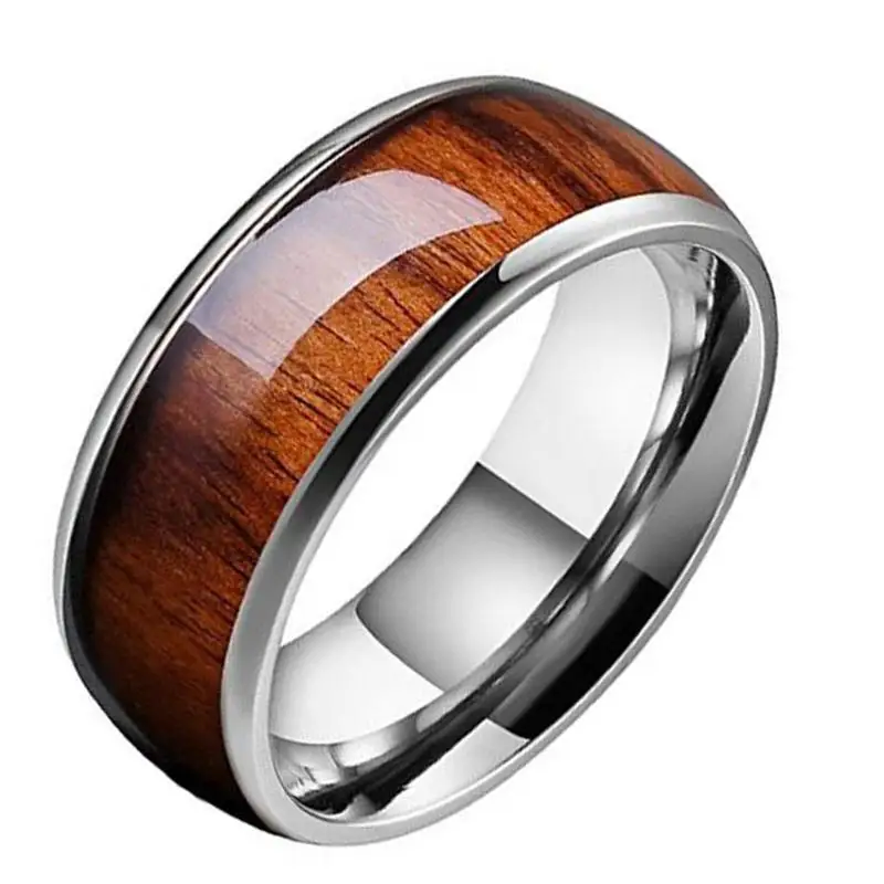 UilzStainless Steel Wood Grain Inlaid Rings For Men Retro Titanium Steel Atmospheric Ring Jewelry Boyfriend Gifts Accessories