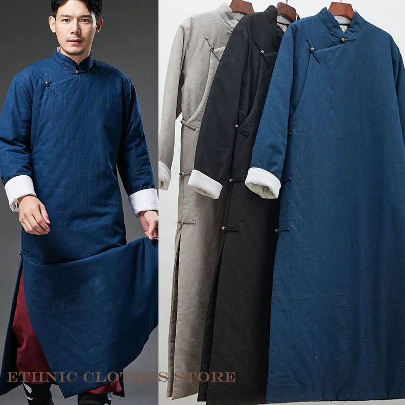 

Традиционный китайский мужской длинный халат, костюм Тан, осенне-зимнее стеганое мужское платье ханьфу, классическая униформа Cheongsam в стиле ретро