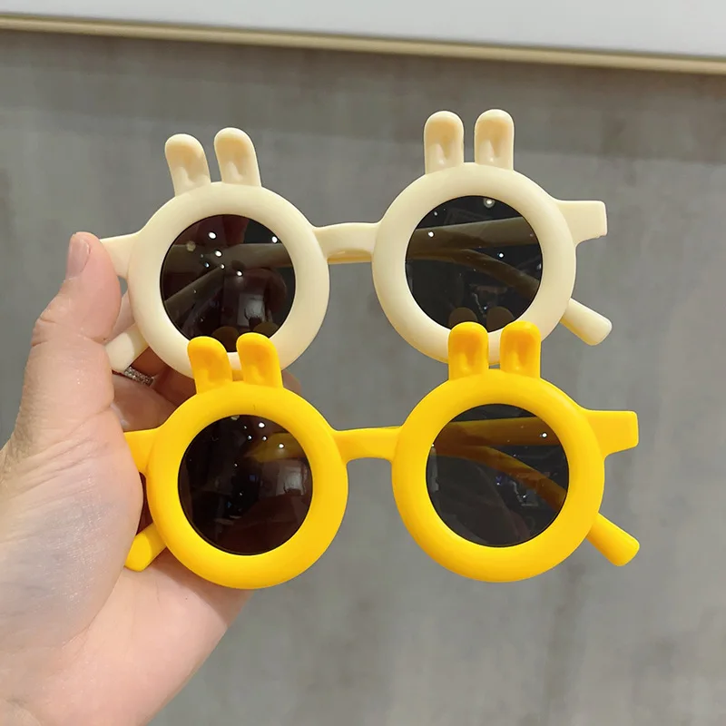Children Boy Girl Cute Candy Color Sunglasses Cartoon Curved Ear Bunny Shape Round Glasses Kids Eyewear UV400 Protection Classic