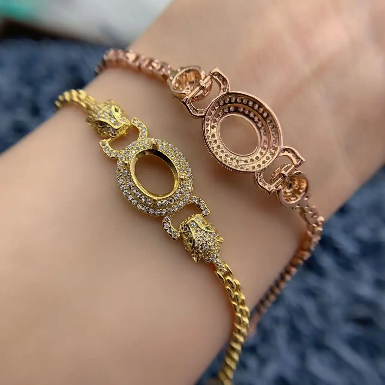 MeiBaPJ Inlay 8*10mm Oval Stone S925 Sterling Silver DIY Empty Bracelet Holder Leopard Head Women Fine Charm Weddings Jewelry
