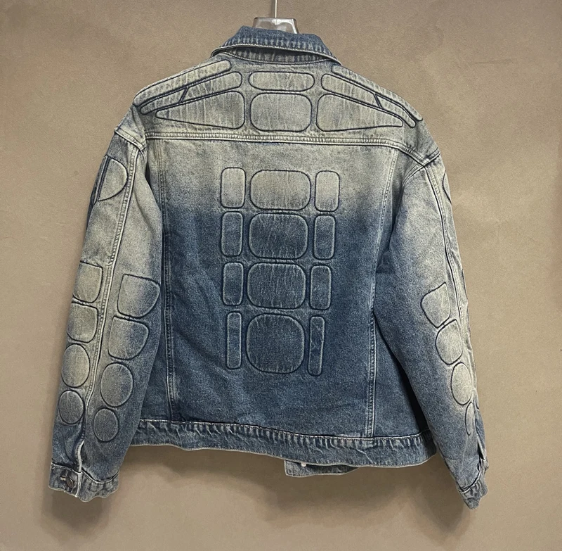 Winter Satoshi Denim Jacket Heavy Duty Washed Fading Blue Workwear Jacket Men Women Tortoise Shell Locomotive Coat Streetwear