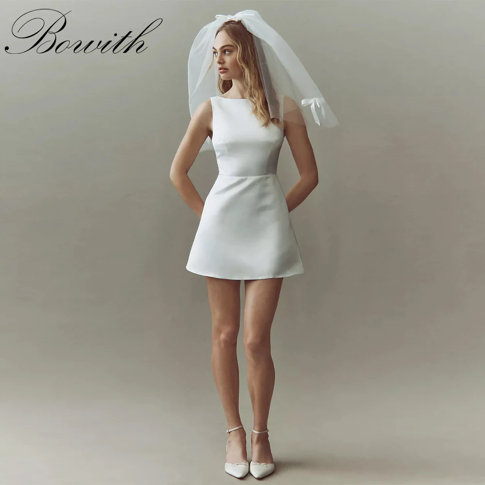

Bowith Simple Short Wedding Dresses Sleeveless Satin Beach Wedding Party Gown Customized Dresses for Bride Mini Wedding Dresses