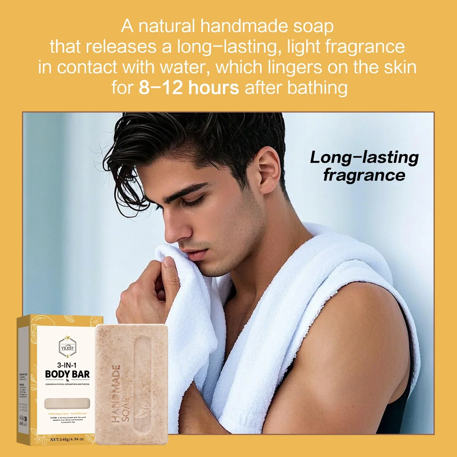 140g 3-IN-1 Men's Body Bar (Sandalwood/Lemon Citrus Scent) -Exfoliating Moisturizing, Long-Lasting Fragrance Handmade Soap