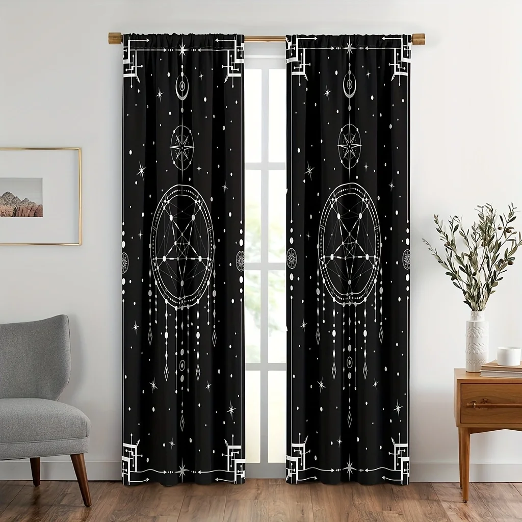 2pcs Sun Moon Curtains, Mystic Celestial Boho Dream catcher Occult Geometric Sign Fantasy Universe Starry Sky Galaxy Print Curta