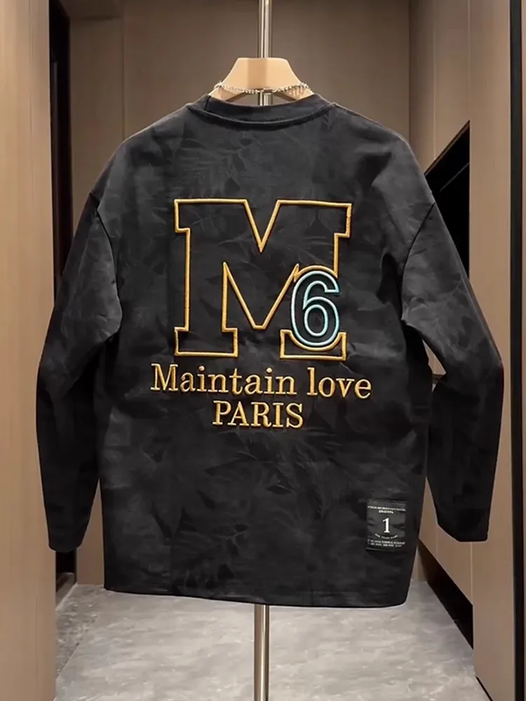 Men's Autumn Thin Long Sve Sweatirt Loose Heavy Embroidery American Retro Sle Casual Comfortable Polyester T-irt