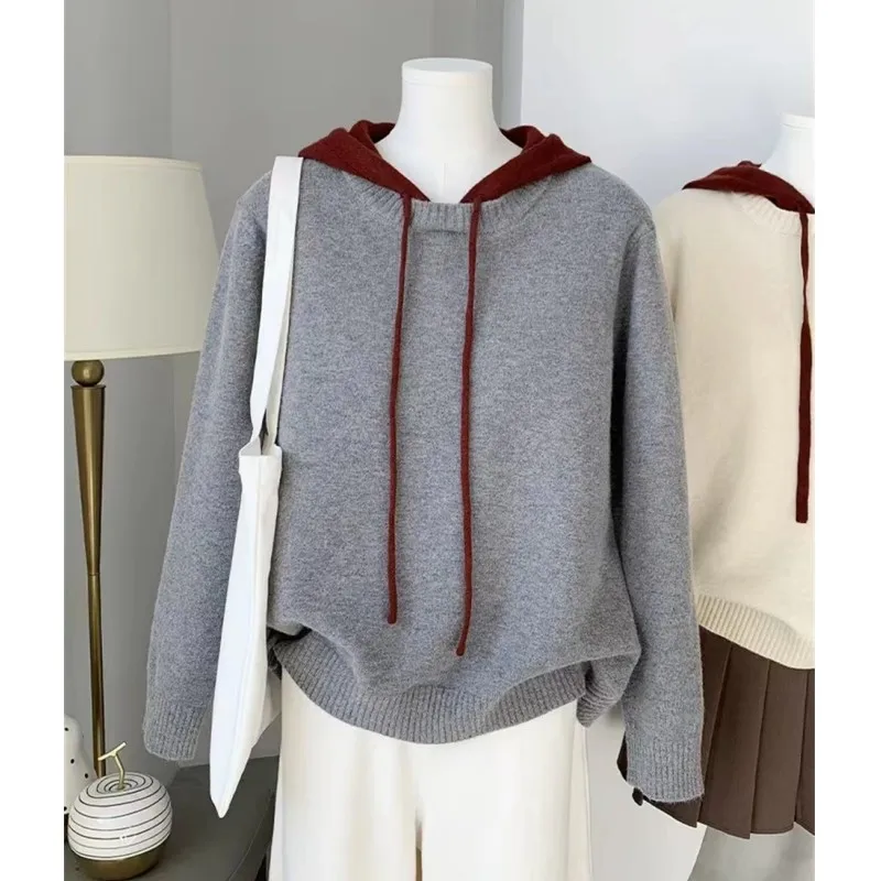 フード付きフェイクツーピース100％カシミヤセーター、ゆったりニットセーター、レディースウールベースのフーディー