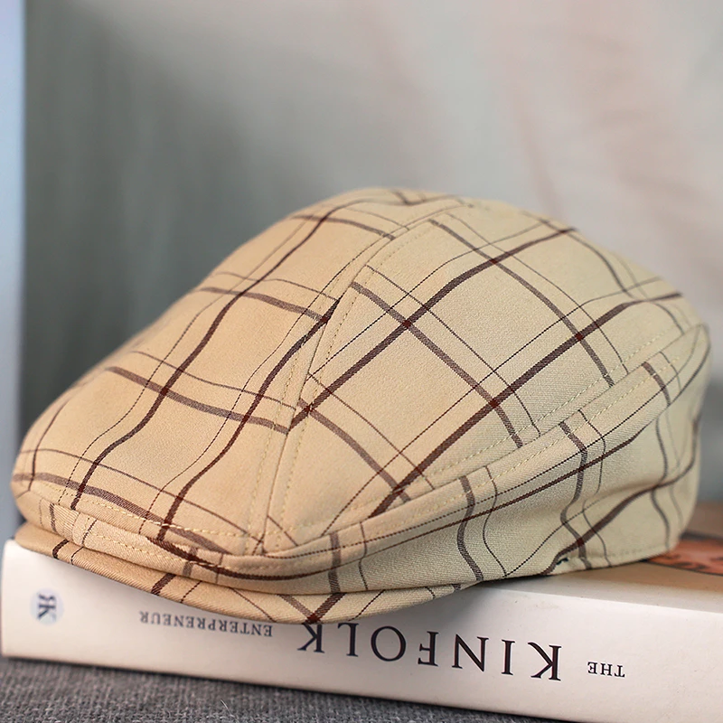 Newsboy Hat Men Beige Plaid Cotton Flat Caps Women Men British Painters Hat Soft Spring Summer Autumn Berets Octagonal Cap A-39