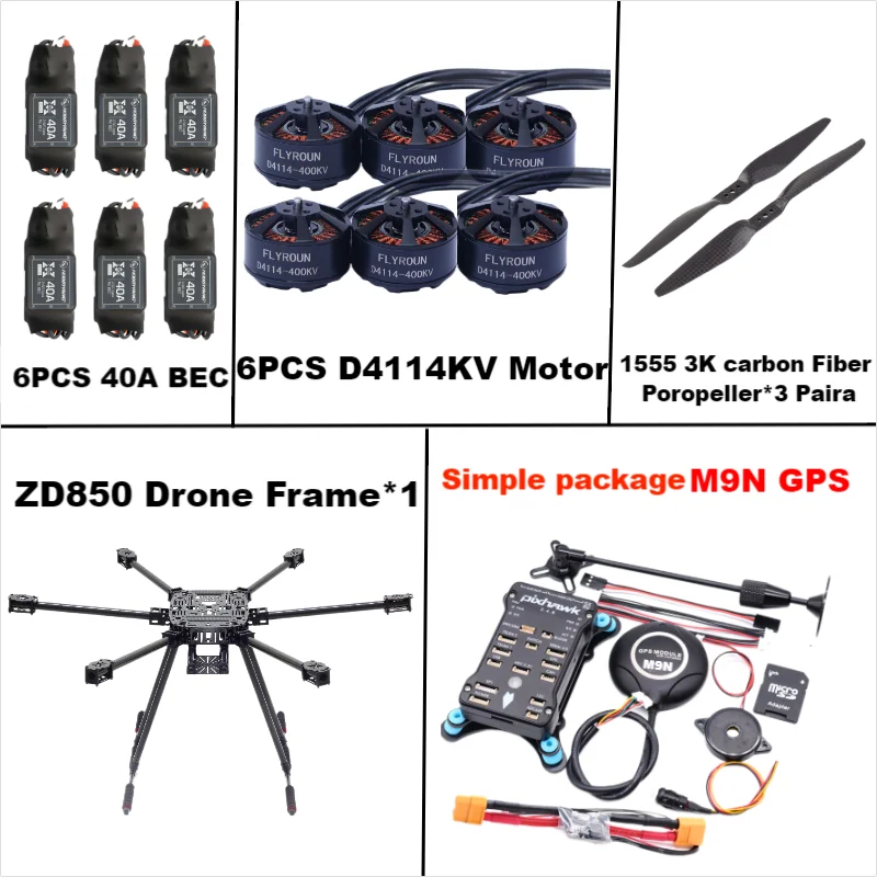 ZD850 Pixhawk 2.4.8 M9N Telaio esa-rotore completamente in fibra di carbonio 850mm BLHELI 40A ESC Comando di volo Set di telemetria Rado