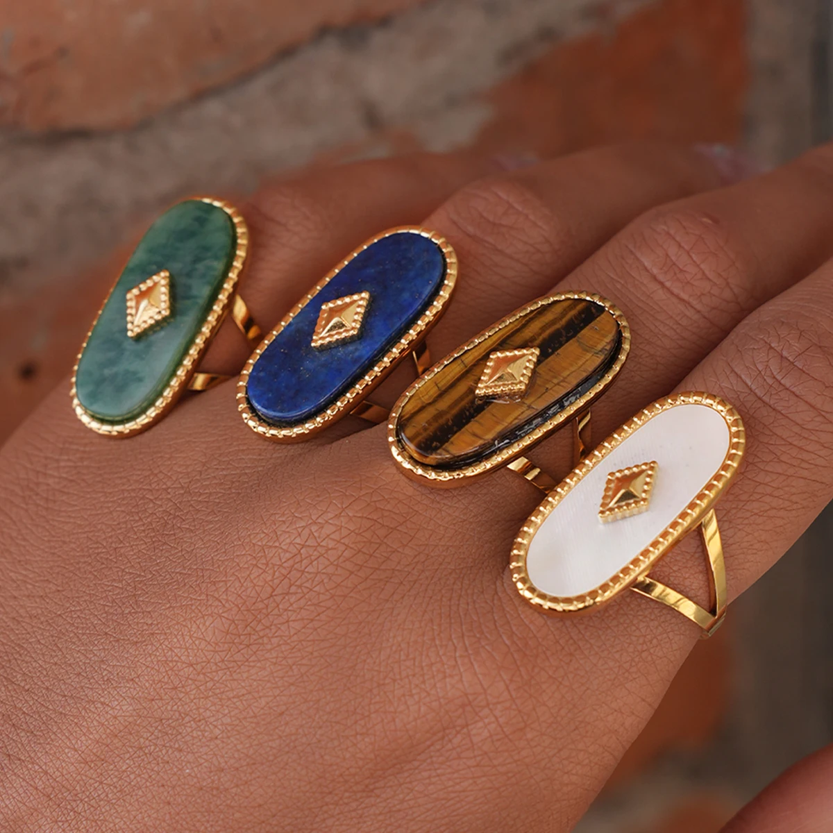 

Fashion Nature Stone Stainless steel Ring Oval Alpaca Rings For Women Adjustable Stacked Rings Ladies' Jewelry Gifts For Her