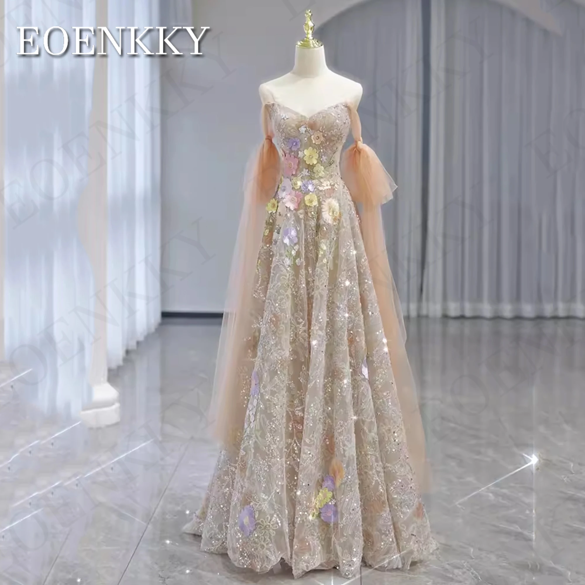 Gorgeous Off Shoulder Wedding Party Dress Floral Embroidery A Line Sparkling Prom Party Dresses V Neck Performance Wspaniała suknia ślubna z odkrytymi ramionami  Suknie ślubne z kwiatowym haftem A Line Sparkling Prom P