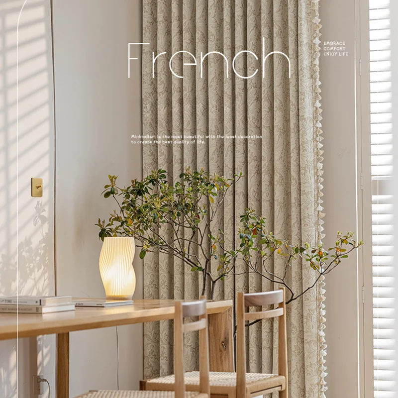 French Cream Color Chenille Curtains for Living Dining Room Bedroom Japanese High-class Sense Floor Window Blackout Curtain