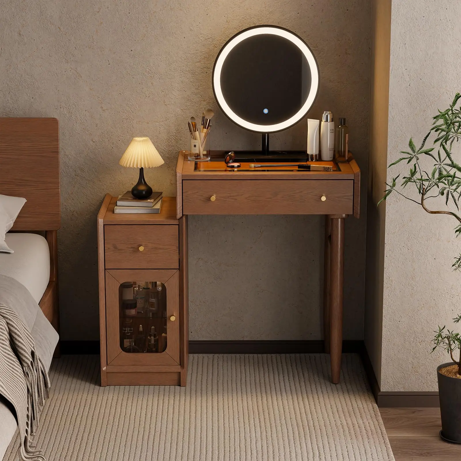 Luxury 100% Solid Wood Vanity Desk Mid-Century Modern Wooden Makeup Table with Glass Top & Ambient Light, 2-in-1 Vanity