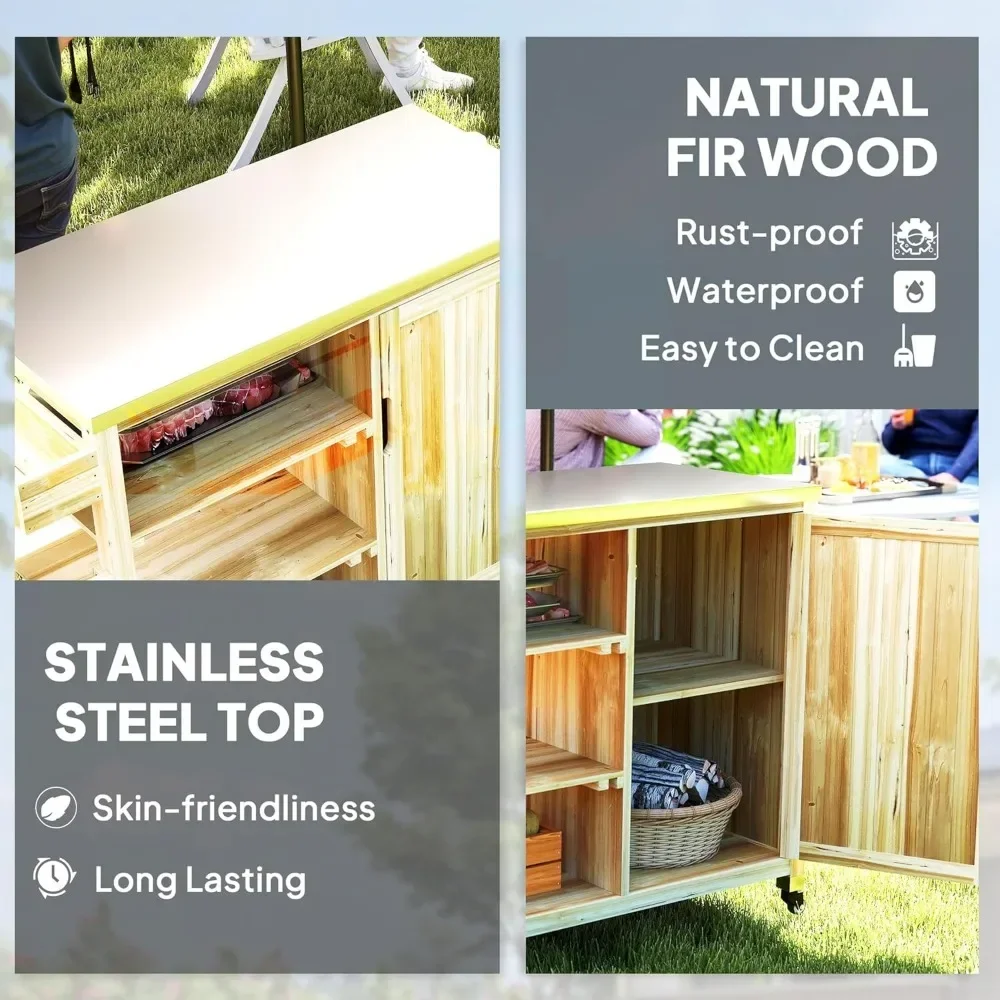 

Hot salesPortable Outdoor Kitchen Island with Stainless Steel Worktop and Storage on Wheels