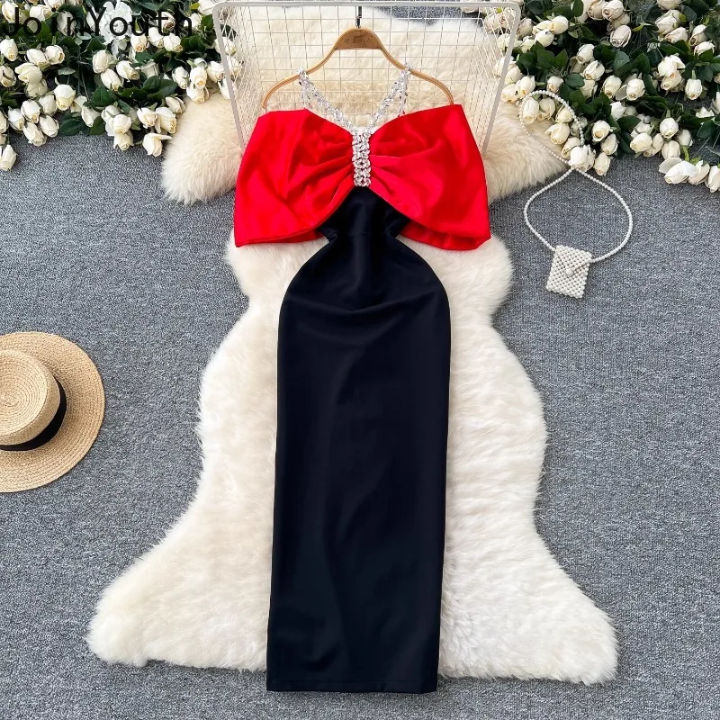 Sexy Party Dresses Women Korean Temperament Robe Femme Slash Neck Diamond Tunic Bow Bodycon Maxi Dress 2024 Vestidos De Mujer