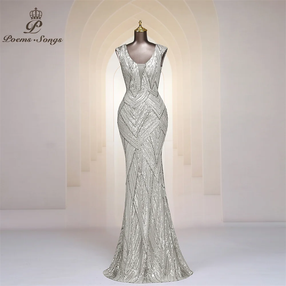 

Mermaid Sexy back Sequins Evening Dresses Deep V_Neck Sleeveless For Women Trumpet Prom Dresses Graduation Formal Maxi dresses