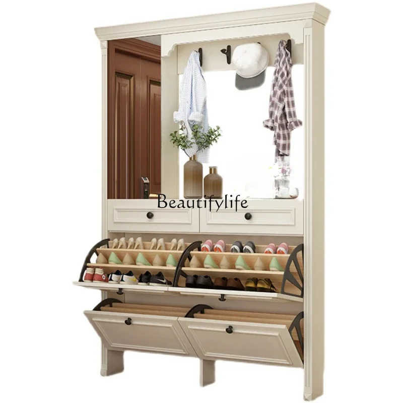 

LAmerican solid wood ultra-thin tipping bucket shoe cabinet household hanger integrated wall mirror