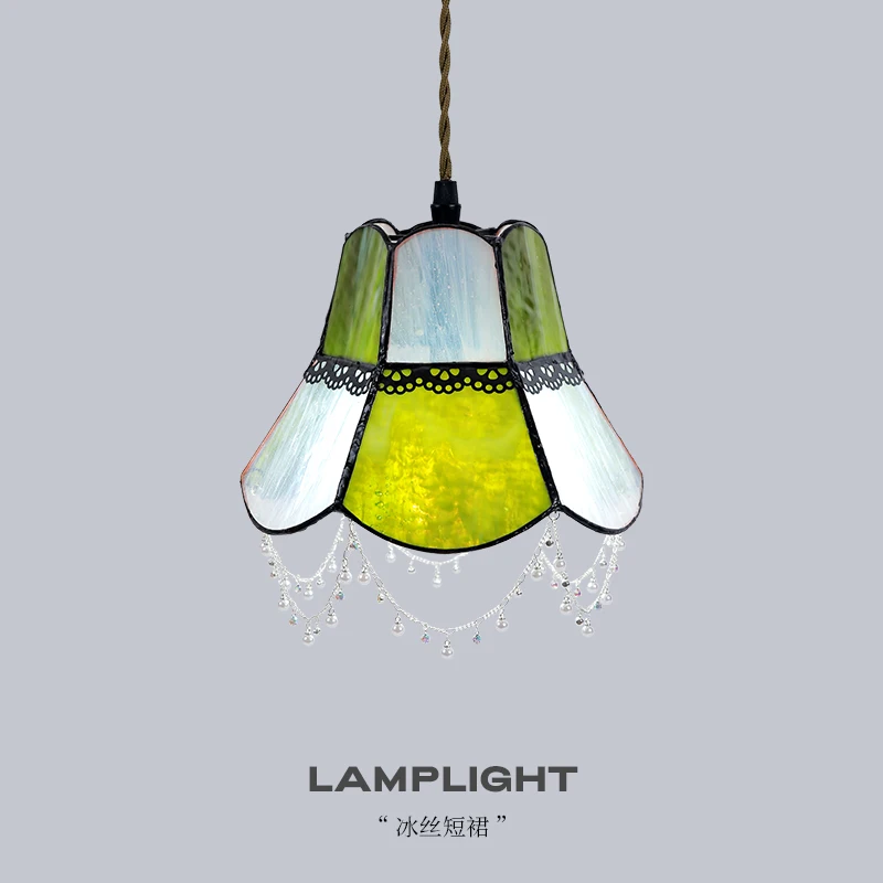 

French retro decoration small pendant light American restaurant bar counter bedroom bedside colored glass hanging line light