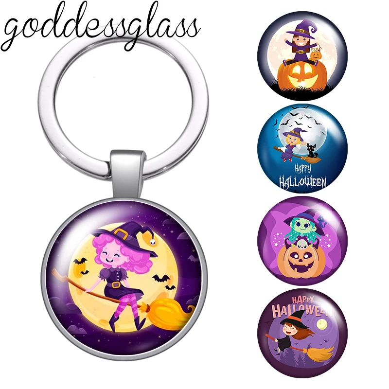 Happy Halloween Cartoon Cute witch Photo 25mm glass cabochon keychain Bag Car key chain Ring Holder Charms keychain