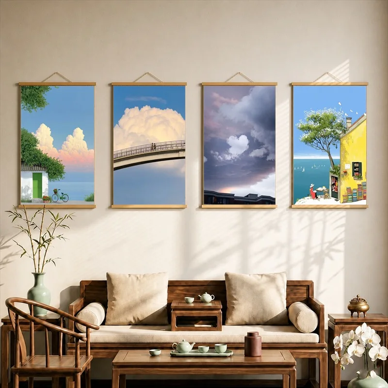 Room Decor Cloud Fairytale Town Above the Hills, Whimsical Anime Pearlescent Canvas Hanging Scroll Decor for Childrens Bedroom