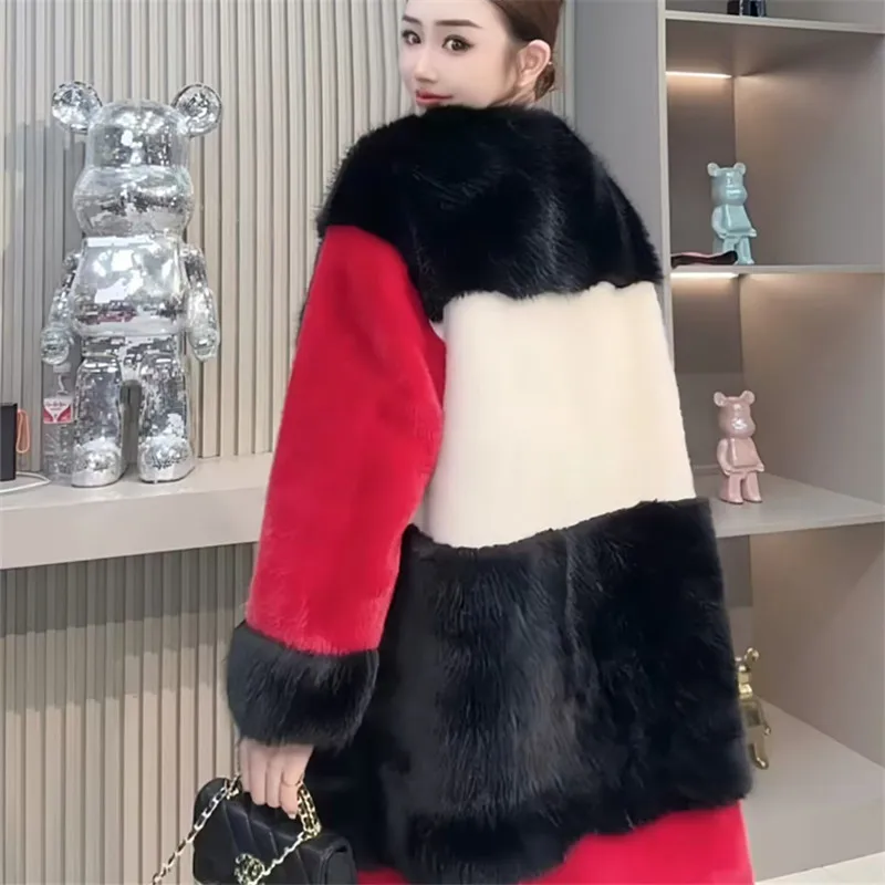 Faux Fur Coat for Women,Single Breasted Jacket,Spliced Clothes,England Style ,Autumn and Winter, 2024