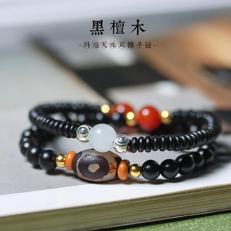 UMQ Blackwood DIY Double Circle Bracelet Stone Carving Tibet Beads Golden/Silver Beads Jade Jewelry Manufacturer Men and Women B